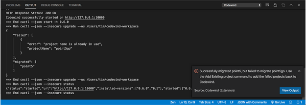 Image of VS Code output with View button