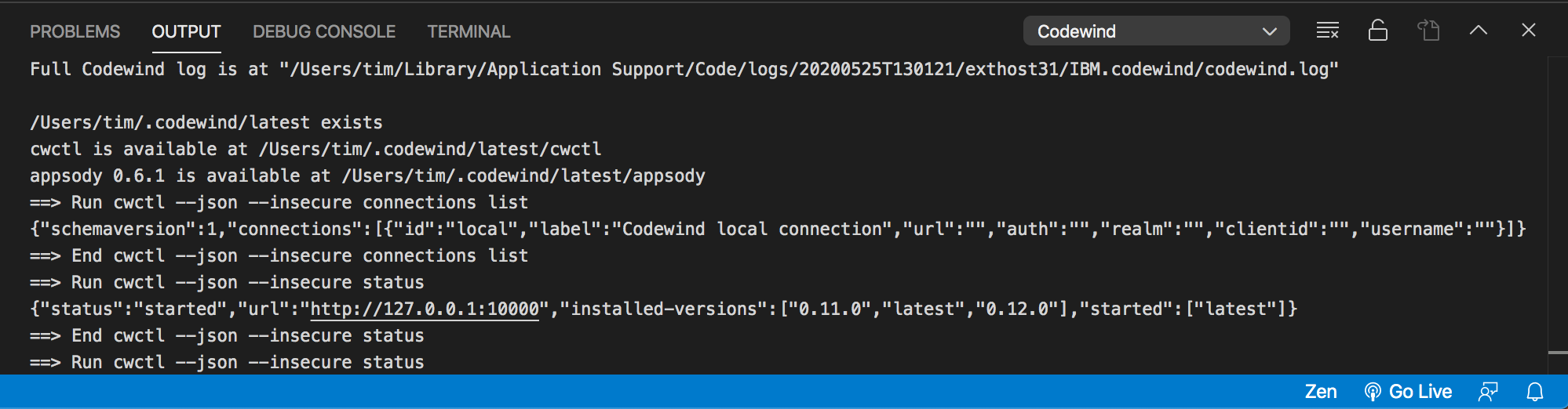 Codewind output stream with log location
