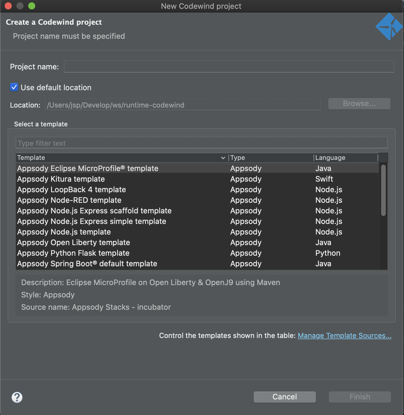 image of the project creation screen