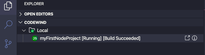 image of VS Code with a Codewind project named myFirstNodeProject
